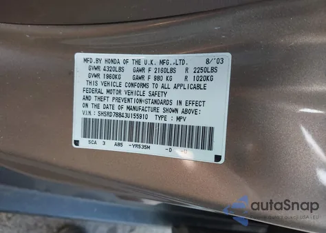 2003 Honda Cr-V Ex z USA, uszkodzony, nr VIN SHSRD78843U155910